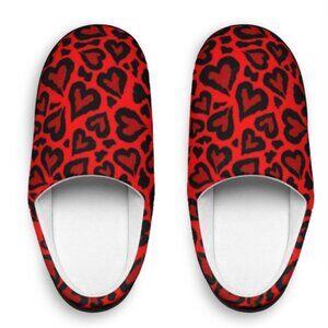 Heart Patterned Red and Black Slippers